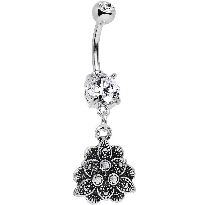 Trendy Belly Rings with Bold Details -Double Clear Gem Incan Flower Dangle Belly Ring Trendy Belly Rings with Bold Details -Double Clear Gem Incan Flower Dangle Belly Ring