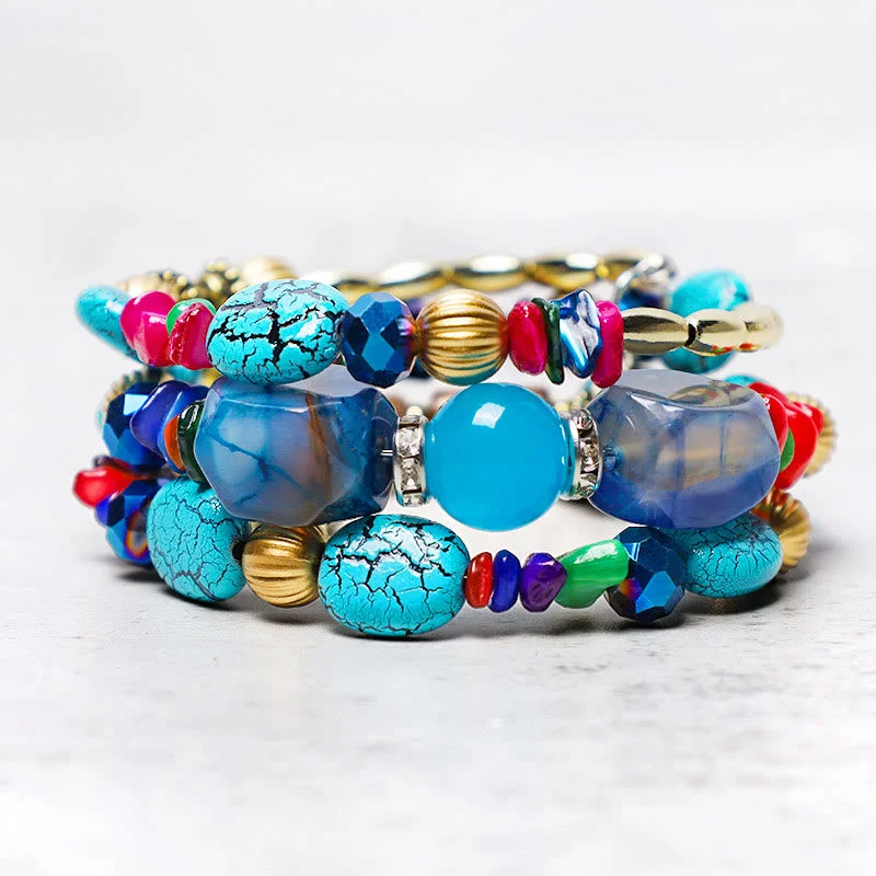 Affordable Bangles for Women-Buddha Stones Multilayer Irregular Turquoise Agate Beads Blessing Bracelet