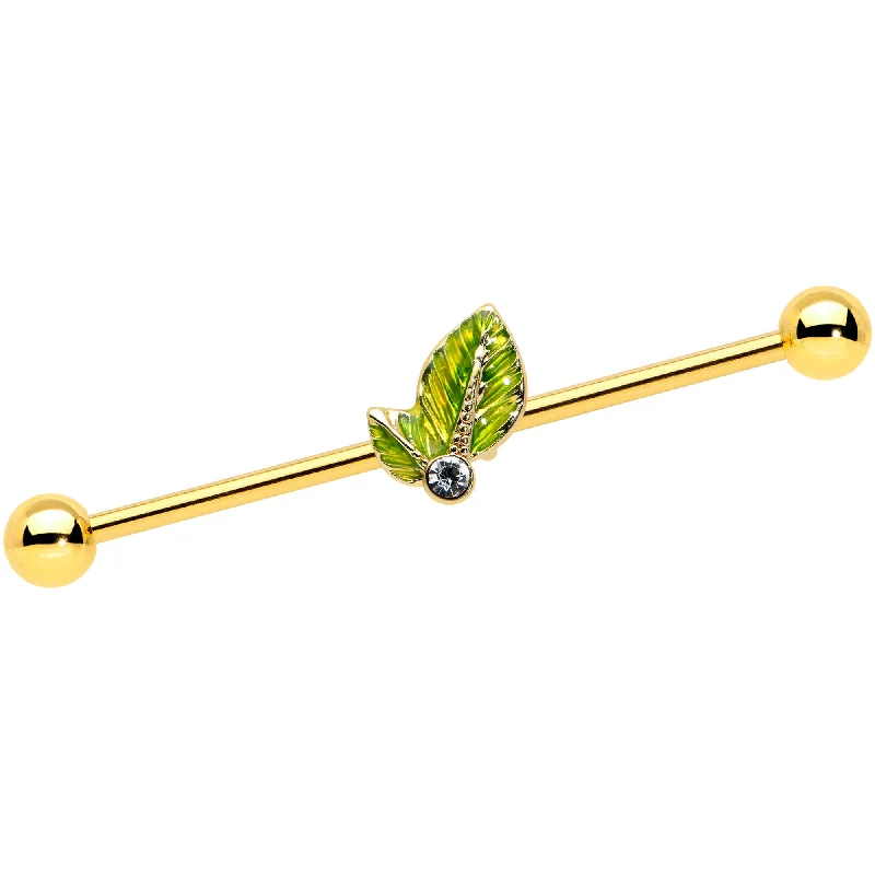 Women's Earrings – Elegant Designs for Every Personality--14 Gauge Clear Gem Gold Tone Lush Green Leaves Industrial Barbell 38mm