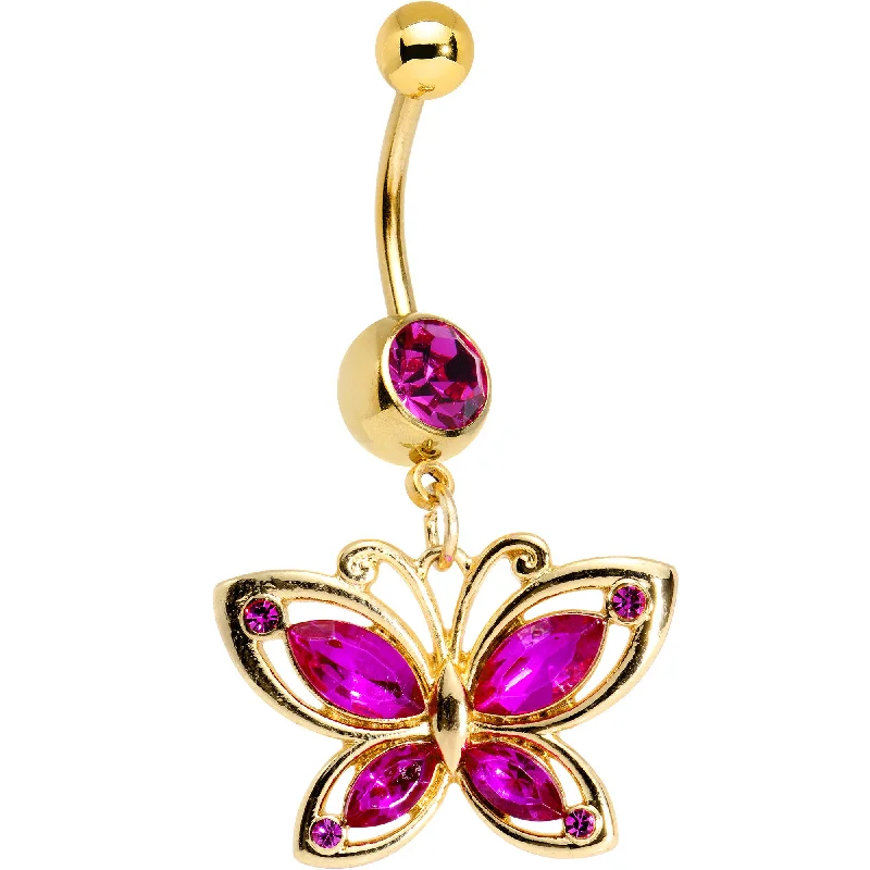 Designer Belly Rings for Exclusive Looks -Pink Gem Gold PVD Burst of Color Butterfly Dangle Belly Ring Designer Belly Rings for Exclusive Looks -Pink Gem Gold PVD Burst of Color Butterfly Dangle Belly Ring