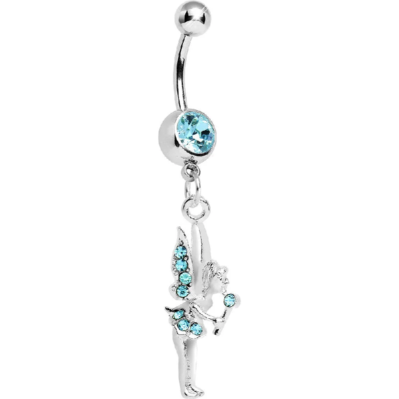 Trendy Belly Rings for Everyday Fashion -Aqua Gem Wand and Fairy Dangle Belly Ring