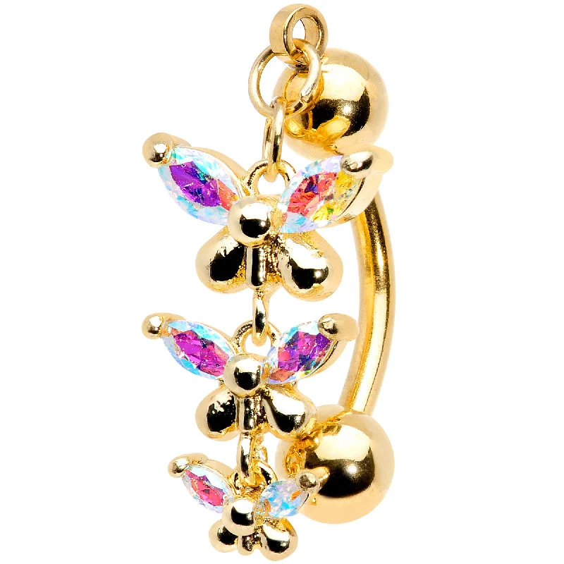 Stunning Belly Rings with Colorful Stones -Aurora Gem Gold Tone Butterflies Top Mount Dangle Belly Ring Stunning Belly Rings with Colorful Stones -Aurora Gem Gold Tone Butterflies Top Mount Dangle Belly Ring