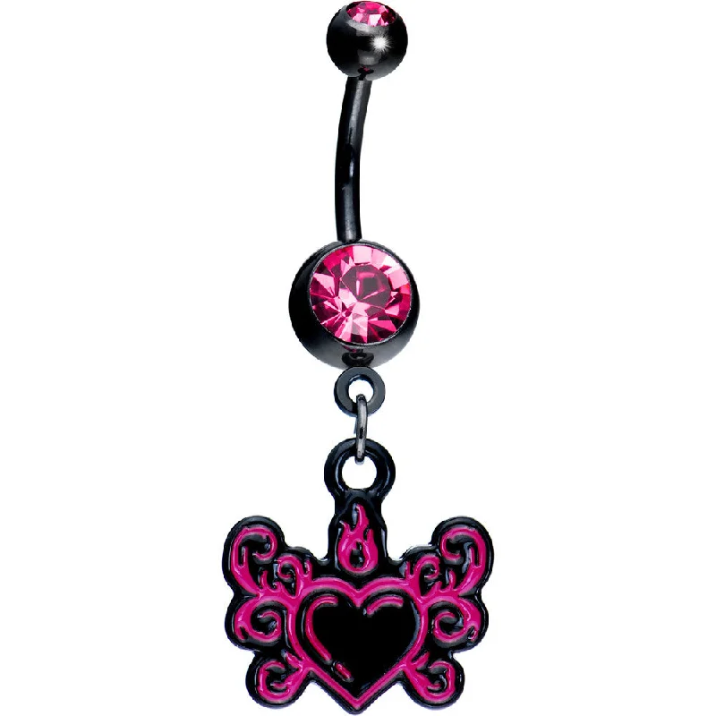 Trendy Belly Rings for Chic Look -Pink Gem Tribal Flame Heart Belly Ring