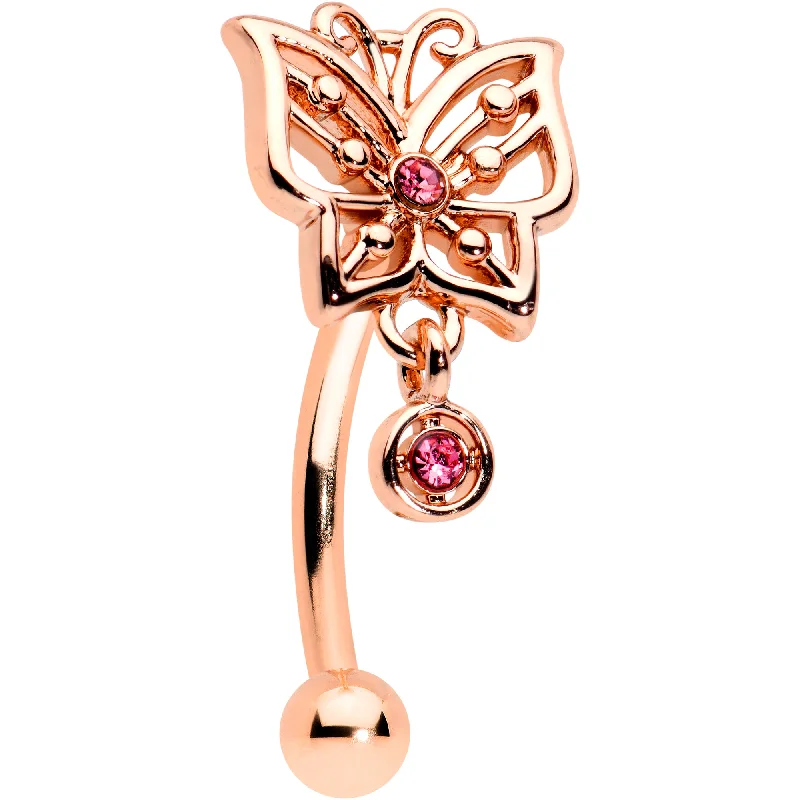 Women's Earrings – Elegant Designs for Every Personality--16 Gauge 5/16 Pink CZ Gem Rose Gold Tone Butterfly Curved Eyebrow Ring