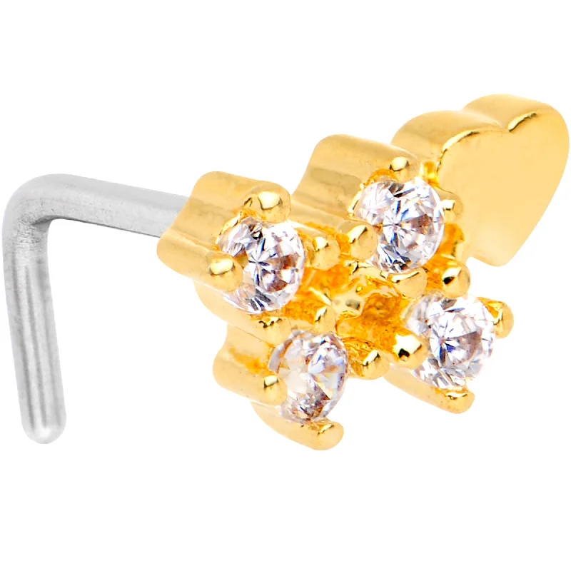 Trendy Nose Rings with Gold Shine -20 Gauge Clear CZ Gold Tone Heart Faux Hoop L Shaped Nose Ring Trendy Nose Rings with Gold Shine -20 Gauge Clear CZ Gold Tone Heart Faux Hoop L Shaped Nose Ring