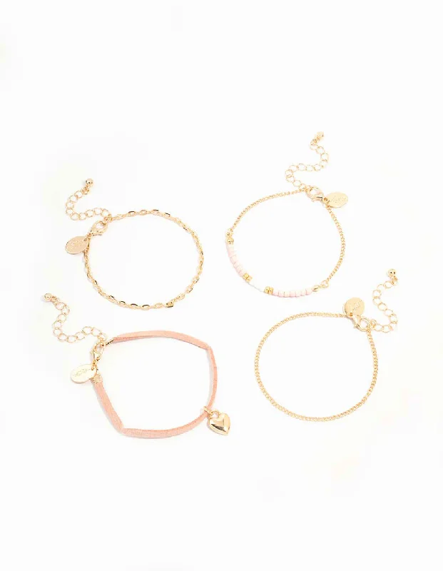 Bridal Bangle Sets for Women-Gold & Pink Heart Beaded Bracelets 4-Pack