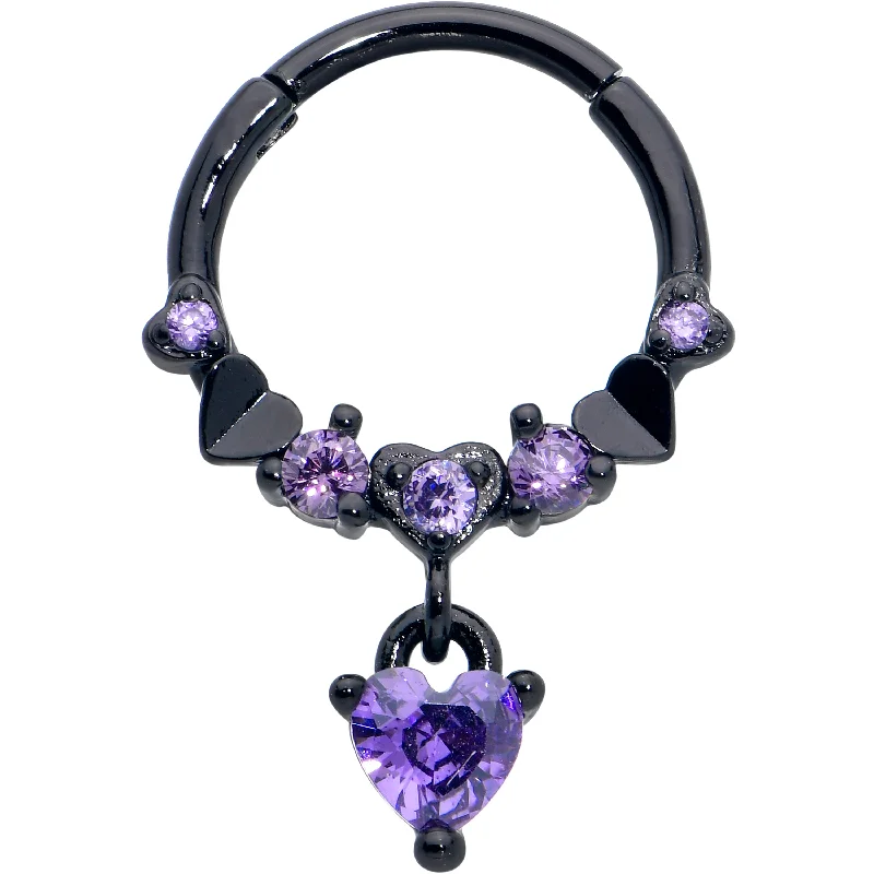 Women's Earrings – Elegant Designs for Every Personality--16 Gauge 3/8 Purple CZ Gem Black Love Heart Dangle Hinged Segment Ring