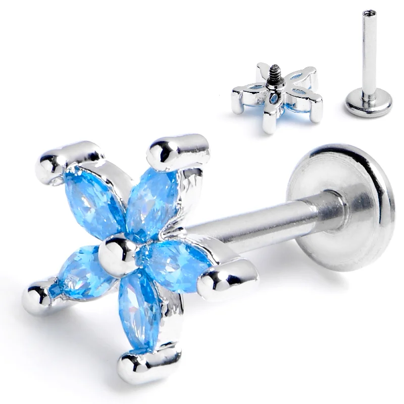 Comfortable Lip Rings for Comfort All Day16 Gauge 5/16 Blue CZ Gem Flower Fantastic Internally Threaded Labret