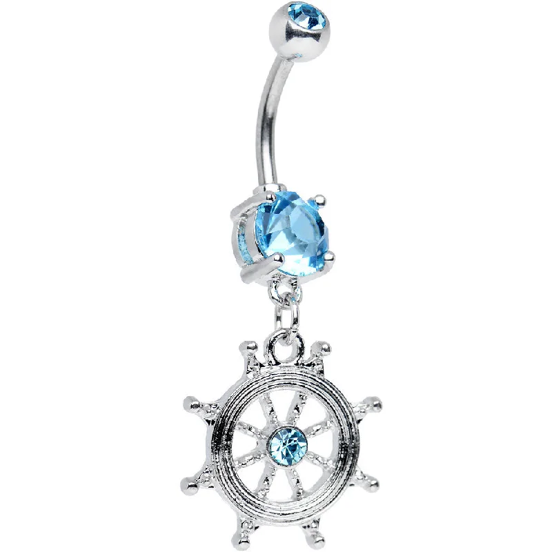 Belly Rings with Gemstones for Sparkling Style -Aqua CZ Shimmering Sailor Captain Wheel Dangle Belly Ring Belly Rings with Gemstones for Sparkling Style -Aqua CZ Shimmering Sailor Captain Wheel Dangle Belly Ring