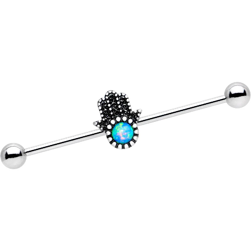 Women's Earrings – Elegant Designs for Every Personality--14 Gauge Blue Synthetic Opal Hamsa Hand Industrial Barbell 38mm Women's Earrings – Elegant Designs for Every Personality--14 Gauge Blue Synthetic Opal Hamsa Hand Industrial Barbell 38mm