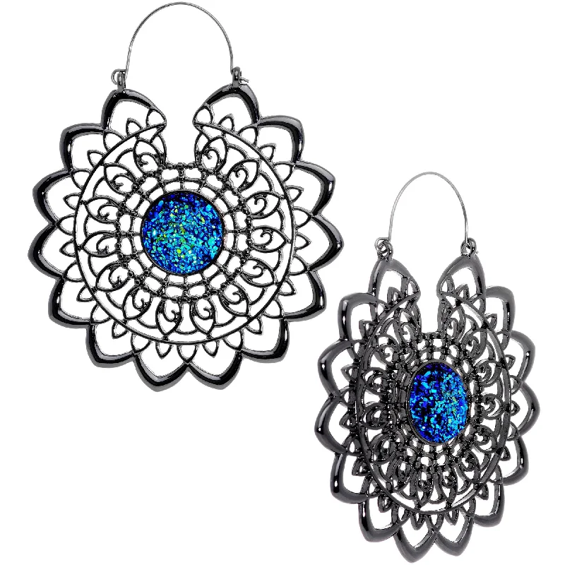 Women's Earrings – Elegant Designs for Every Personality--Blue Faux Druzy Black Serenity Mandala Tunnel Plug Earrings