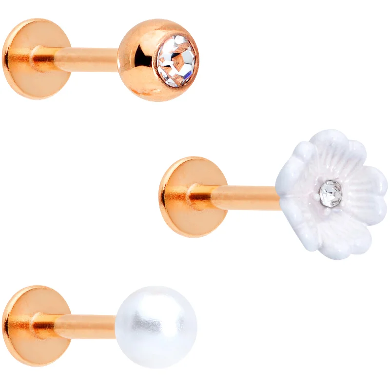Fashionable Lip Rings for Casual Fashion16 Gauge 5/16 Clear Gem Rose Gold Tone Flower Labret Tragus Set of 3