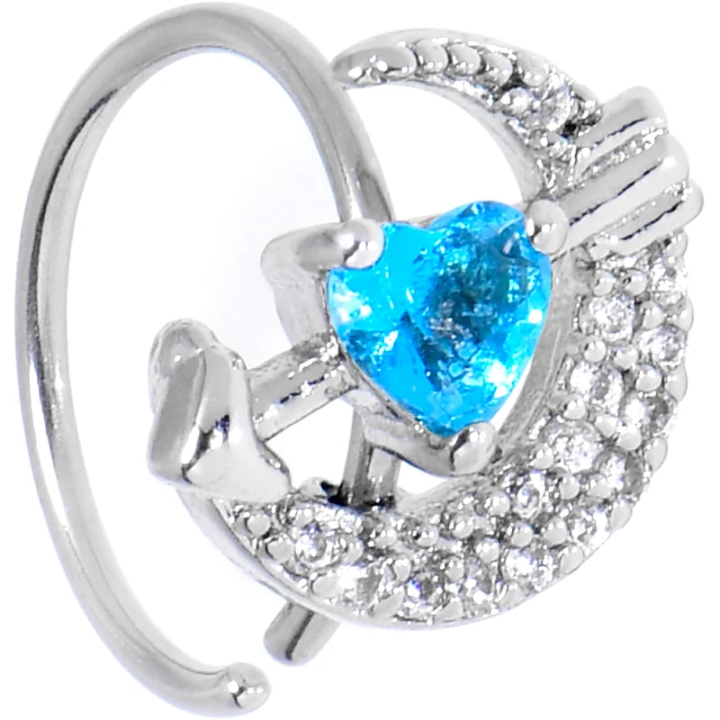 Nose Rings for All-Purpose Fashion -20 Gauge 5/16 Blue CZ Gem Moon Lover Nose Hoop