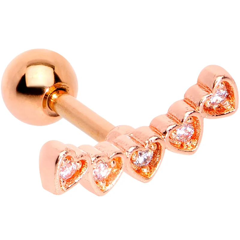 Women's Earrings – Elegant Designs for Every Personality--16 Gauge 1/4 Clear CZ Gem Rose Gold Tone Five Heart Cartilage Tragus
