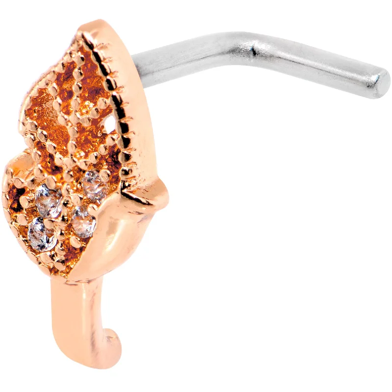Designer Nose Rings for Unique Look -18 Gauge Clear CZ Rose Gold Tone Leaf Faux Hoop L Shaped Nose Ring Designer Nose Rings for Unique Look -18 Gauge Clear CZ Rose Gold Tone Leaf Faux Hoop L Shaped Nose Ring