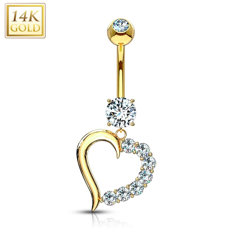 Designer Belly Rings with Custom Features -14kt Solid Yellow Gold CZ Posh Hollow Heart Dangle Belly Ring