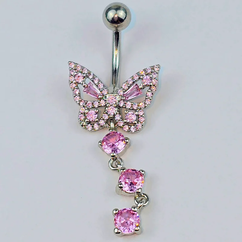 Sparkling Belly Rings with Radiant Stones -Pink Gem Dramatic Butterfly Dangle Belly Ring Sparkling Belly Rings with Radiant Stones -Pink Gem Dramatic Butterfly Dangle Belly Ring