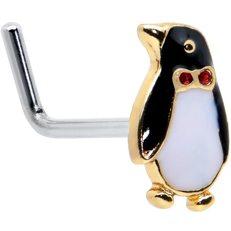 Gold-Plated Nose Rings -20 Gauge 7mm Red Gem Bow Tie Penguin Winter L Shape Nose Ring Gold-Plated Nose Rings -20 Gauge 7mm Red Gem Bow Tie Penguin Winter L Shape Nose Ring