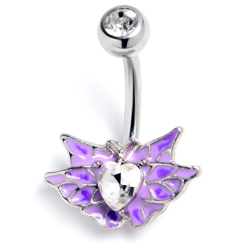 Belly Rings with Silver Finish -Clear Gem Heart Butterfly Purple Belly Ring
