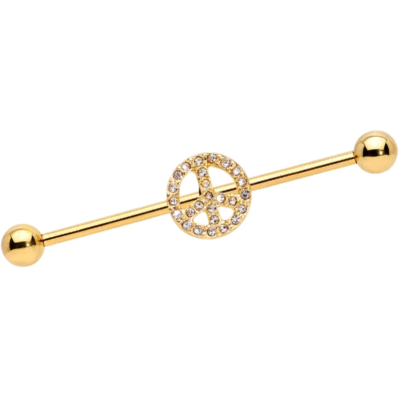 Women's Earrings – Elegant Designs for Every Personality--14 Gauge Clear Gem Gold Tone Peace Sign Industrial Barbell 38mm
