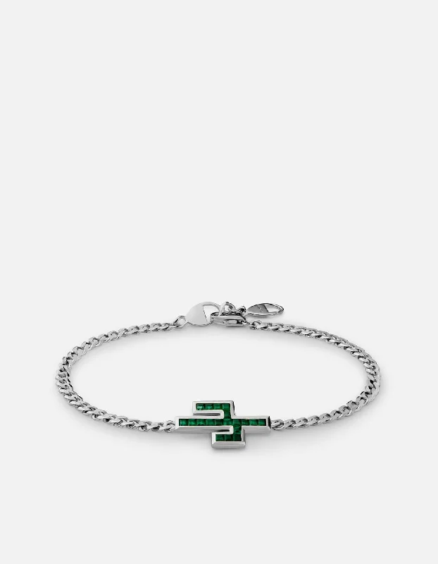 Men's Trendy Bracelets with Nature-inspired Charms-Cactus Onyx Chain Bracelet, Sterling Silver Men's Trendy Bracelets with Nature-inspired Charms-Cactus Onyx Chain Bracelet, Sterling Silver