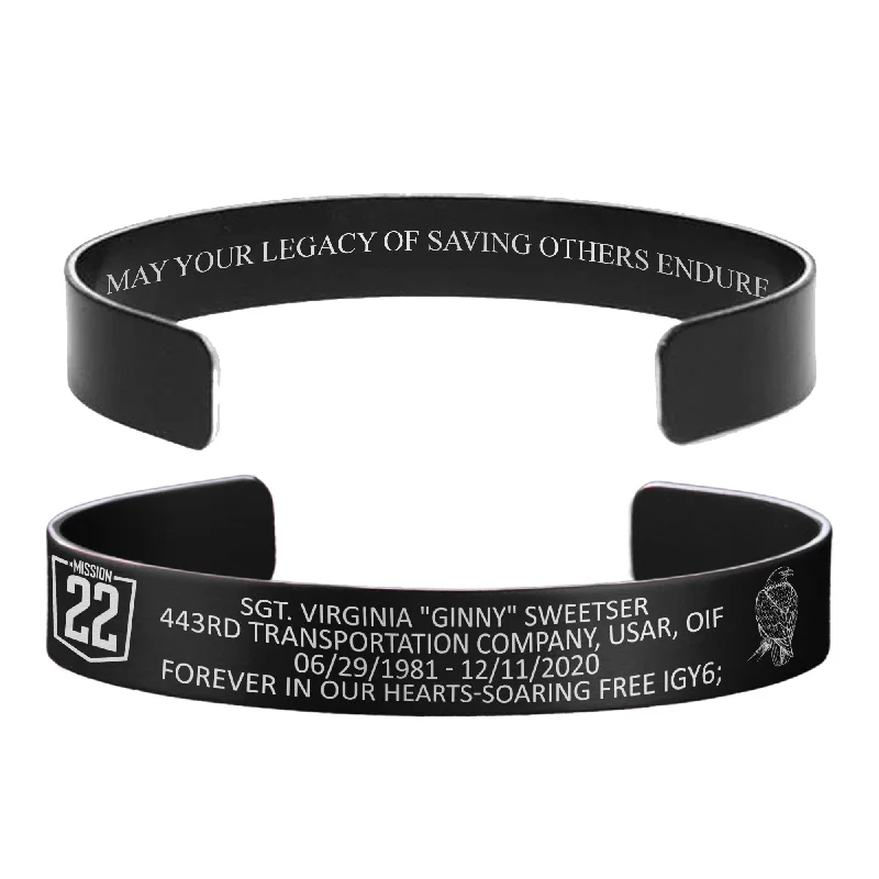 Men's Leather Cuff Bracelets with Engraving-SGT Virginia "Ginny" Sweetser Memorial Band – Hosted by the Sweetser Family Men's Leather Cuff Bracelets with Engraving-SGT Virginia "Ginny" Sweetser Memorial Band – Hosted by the Sweetser Family