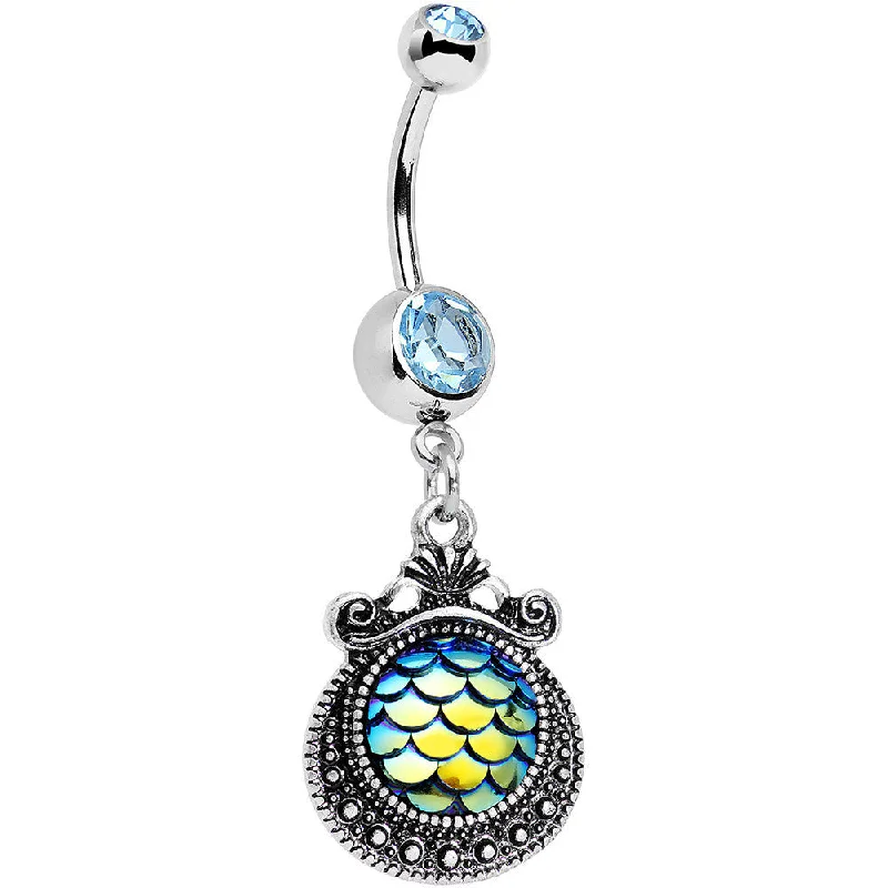 Trendy Belly Rings with Stylish Accents -Aqua Gem Iridescent Blue Green Mermaid Scales Dangle Belly Ring Trendy Belly Rings with Stylish Accents -Aqua Gem Iridescent Blue Green Mermaid Scales Dangle Belly Ring