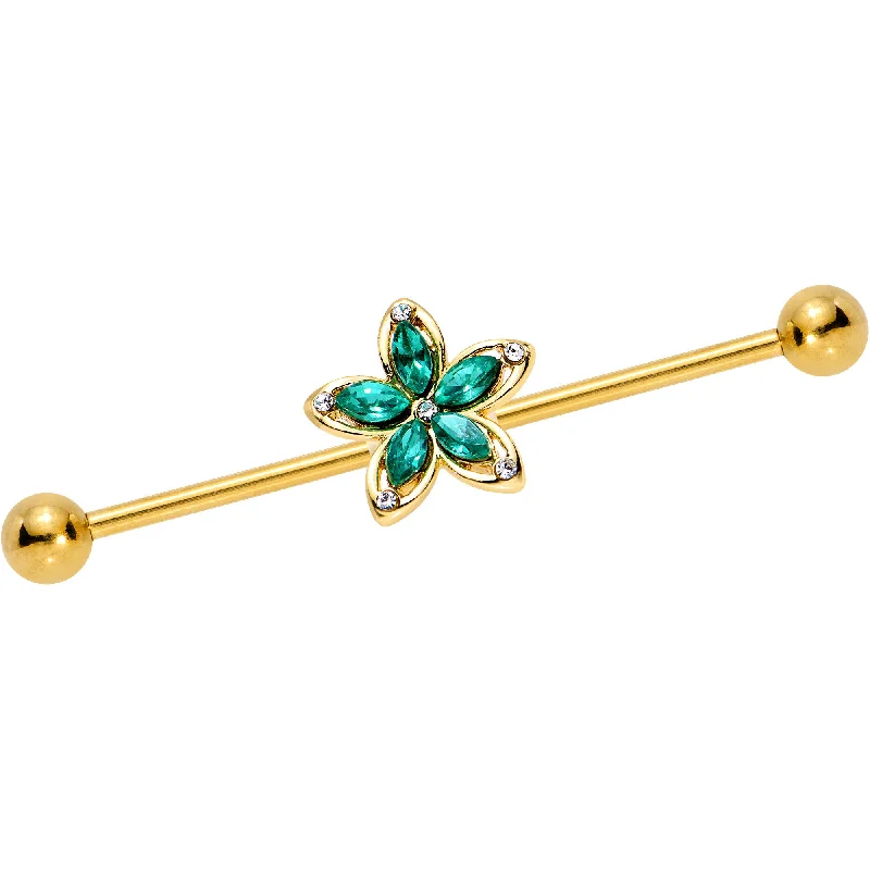 Women's Earrings – Elegant Designs for Every Personality--Green Gem Gold PVD Holiday Hibiscus Flower Industrial Barbell 38mm Women's Earrings – Elegant Designs for Every Personality--Green Gem Gold PVD Holiday Hibiscus Flower Industrial Barbell 38mm