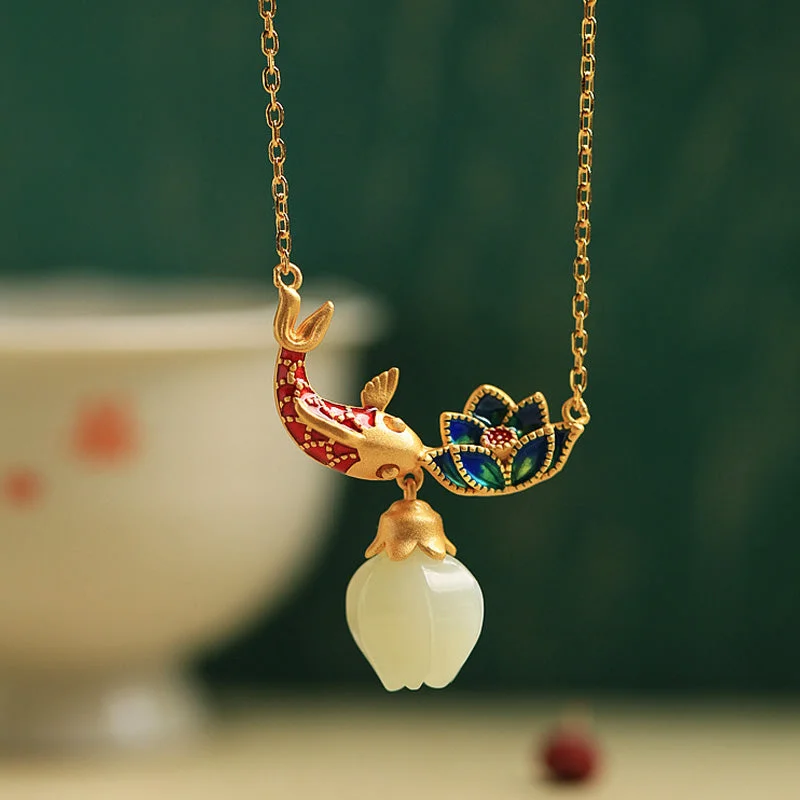 Shop Classic Women's Necklaces & Pendants with a Modern Twist-Buddha Stones 925 Sterling Silver White Jade Koi Fish Lotus Protection Necklace Pendant Shop Classic Women's Necklaces & Pendants with a Modern Twist-Buddha Stones 925 Sterling Silver White Jade Koi Fish Lotus Protection Necklace Pendant