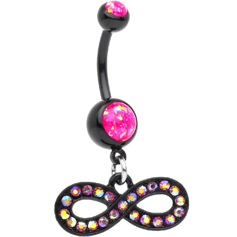 Beautiful Belly Rings with Shiny Stones -Pink Resin Faux Opal CZ Black PVD Infinity Dangle Belly Ring Beautiful Belly Rings with Shiny Stones -Pink Resin Faux Opal CZ Black PVD Infinity Dangle Belly Ring