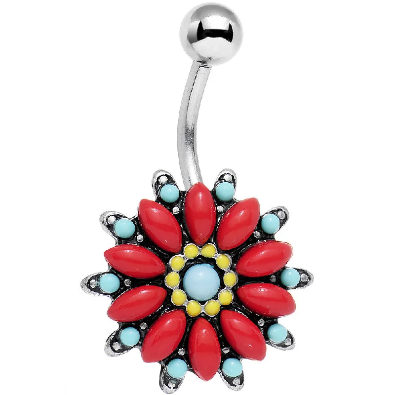 Trendy Belly Rings for Bold Looks -Blue Red Southwestern Holly Holiday Flower Belly Ring Trendy Belly Rings for Bold Looks -Blue Red Southwestern Holly Holiday Flower Belly Ring