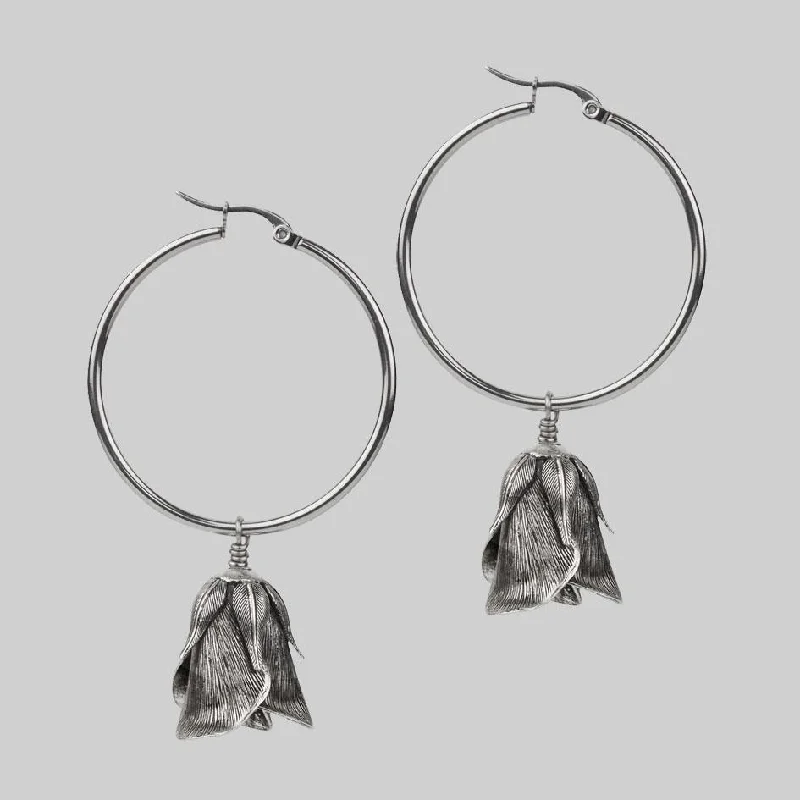 Women's Earrings – Elegant Designs for Every Personality--A SINGLE ROSE. Hoop Earrings - Silver