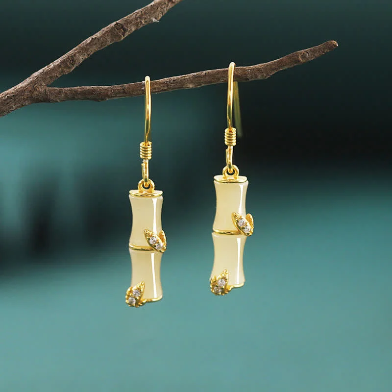 Women's Earrings – Elegant Designs for Every Personality--Buddha Stones 925 Sterling Silver Hetian Jade Chrysoberyl Cat Eye Red Agate Bamboo Luck Drop Earrings
