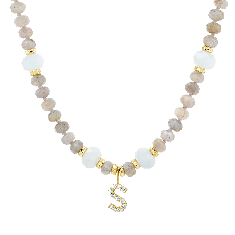 Shop Classic Women's Necklaces & Pendants with a Modern Twist-Diamond Letter Aqua & Labradorite Necklace Shop Classic Women's Necklaces & Pendants with a Modern Twist-Diamond Letter Aqua & Labradorite Necklace