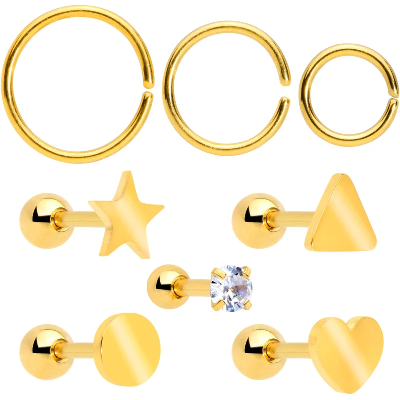 Women's Earrings – Elegant Designs for Every Personality--18 Gauge Clear CZ Gem Gold Tone Heart Cartilage Tragus Set of 8