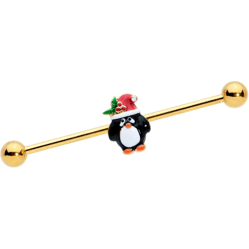 Women's Earrings – Elegant Designs for Every Personality--14 Gauge Gold Tone Holly Hat Penguin Holiday Industrial Barbell 38mm