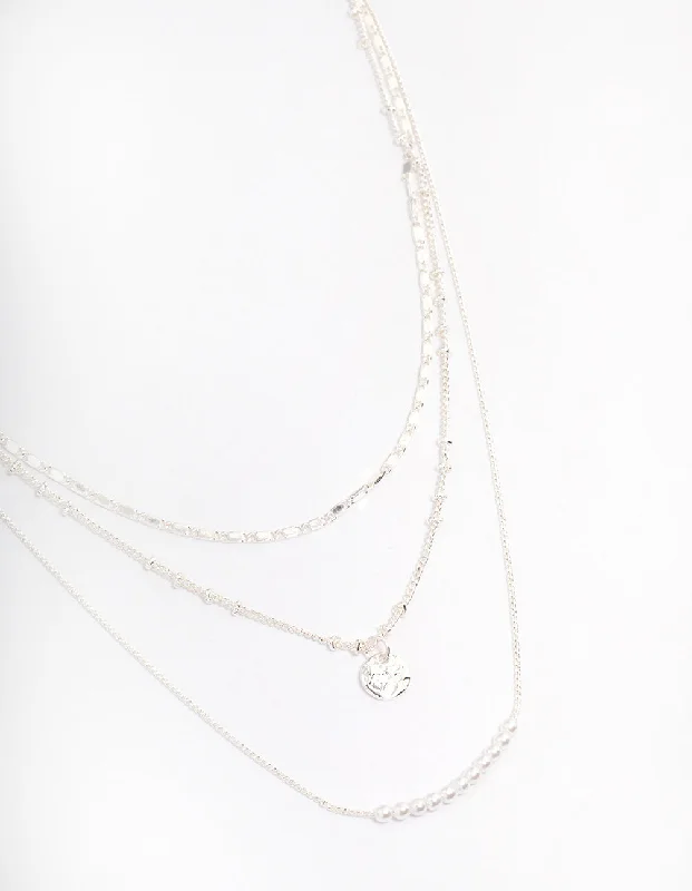 Shop Classic Women's Necklaces & Pendants with a Modern Twist-Silver Plated Fine Triple Layered Beaded Disc Necklace Shop Classic Women's Necklaces & Pendants with a Modern Twist-Silver Plated Fine Triple Layered Beaded Disc Necklace