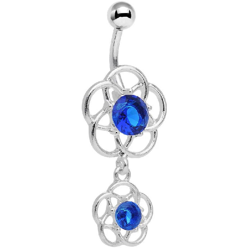 Unique Belly Rings with Colorful Stones -Blue Gem Framework Double Flower Dangle Belly Ring Unique Belly Rings with Colorful Stones -Blue Gem Framework Double Flower Dangle Belly Ring