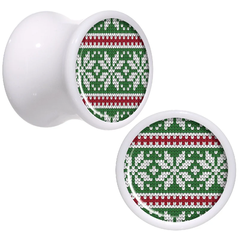 Women's Earrings – Elegant Designs for Every Personality--Green Red Christmas Sweater White Acrylic Saddle Plug Set Sizes 5mm to 20mm Women's Earrings – Elegant Designs for Every Personality--Green Red Christmas Sweater White Acrylic Saddle Plug Set Sizes 5mm to 20mm