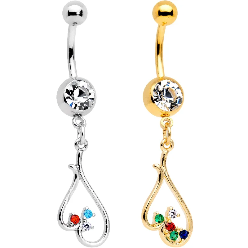Comfortable Belly Rings with Vibrant Detailing -Clear Gem Gold PVD BFF Upside Down Heart Dangle Belly Ring Set of 2