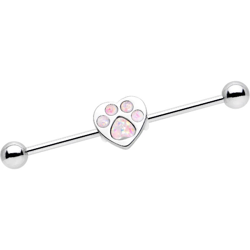 Women's Earrings – Elegant Designs for Every Personality--14 Gauge Pink Faux Opal Paw Print Heart Industrial Barbell 38mm