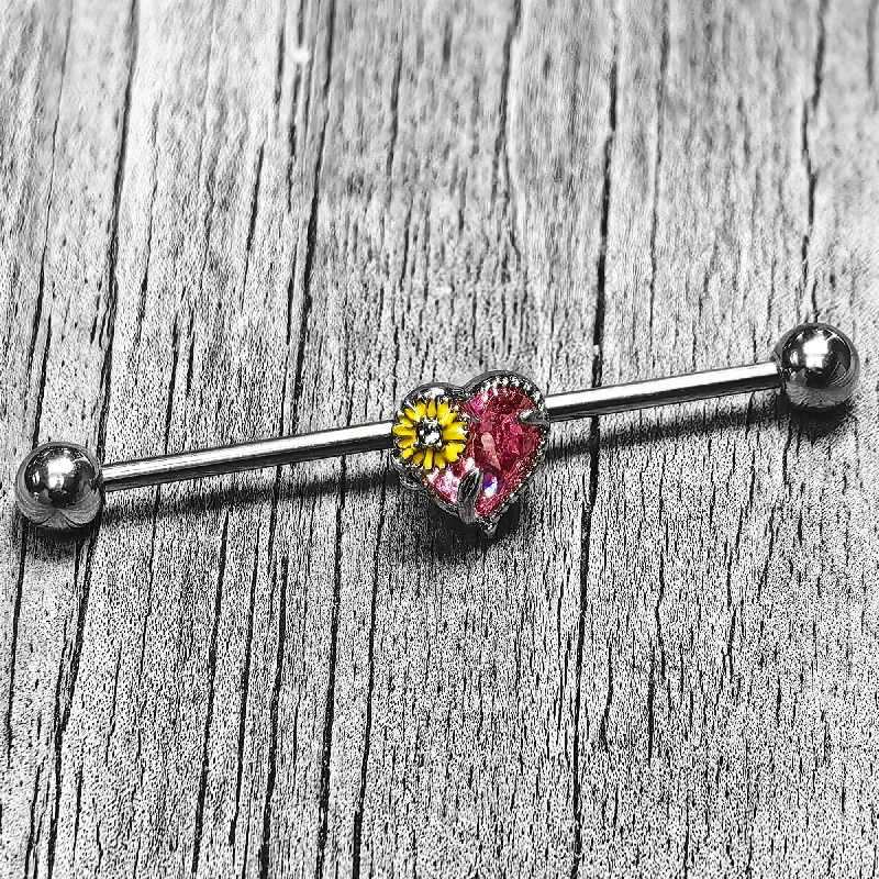 Women's Earrings – Elegant Designs for Every Personality--14 Gauge Clear Pink Gem Sunflower Heart Love Industrial Barbell 38mm