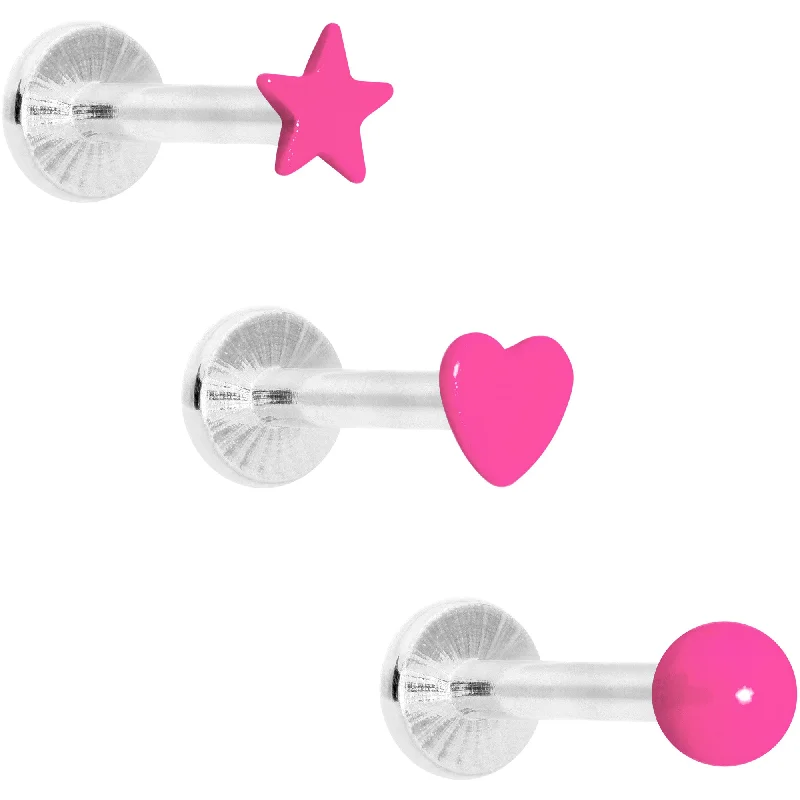 Fashion-Forward Lip Rings with Modern Flair16 Gauge 5/16 Pink Glow Star Heart Labret Set of 3 Fashion-Forward Lip Rings with Modern Flair16 Gauge 5/16 Pink Glow Star Heart Labret Set of 3