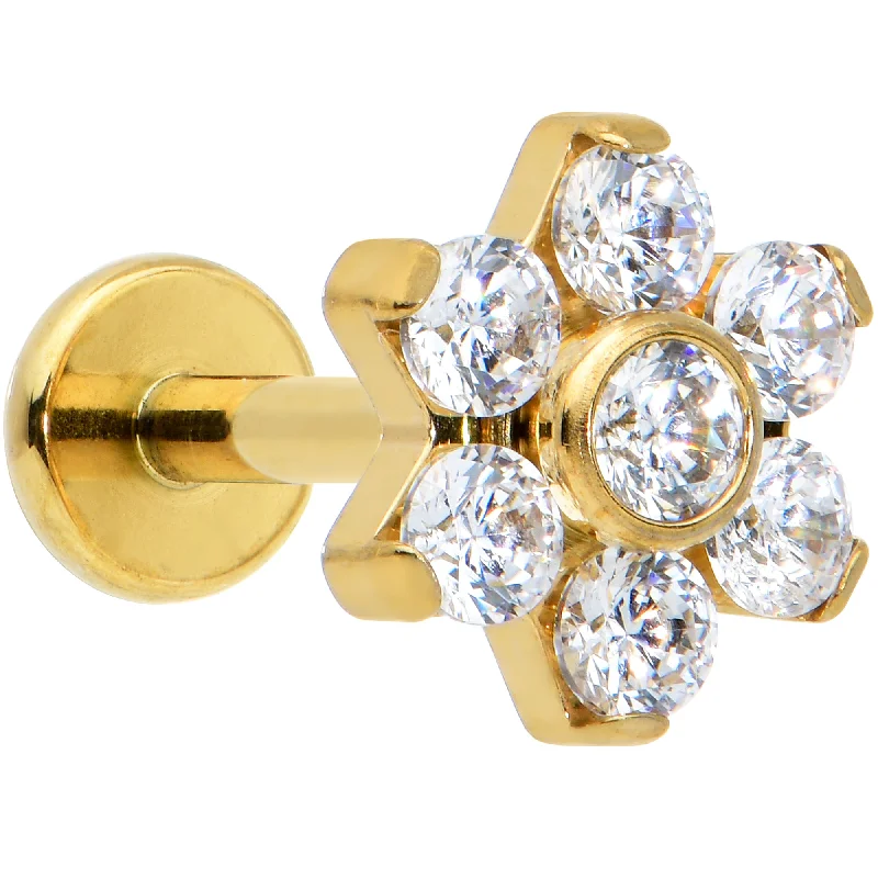 Comfortable Lip Rings with Sparkling Detail16 Gauge 1/4 Clear CZ Gem Gold Tone G23 Titanium Flower Labret Tragus