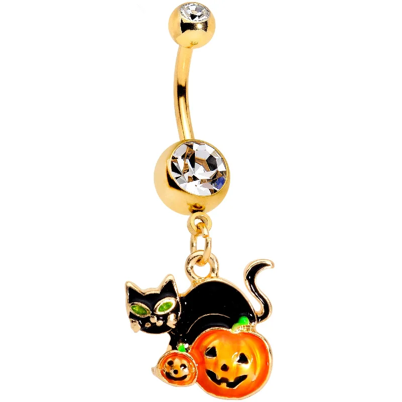 Trendy Belly Rings for Everyday Fashion -Clear Gem Gold Tone Black Cat Jack O Lantern Dangle Belly Ring Trendy Belly Rings for Everyday Fashion -Clear Gem Gold Tone Black Cat Jack O Lantern Dangle Belly Ring
