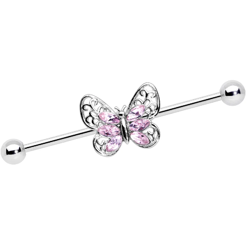Women's Earrings – Elegant Designs for Every Personality--14 Gauge Pink Gem Lacy Butterfly Industrial Barbell 38mm