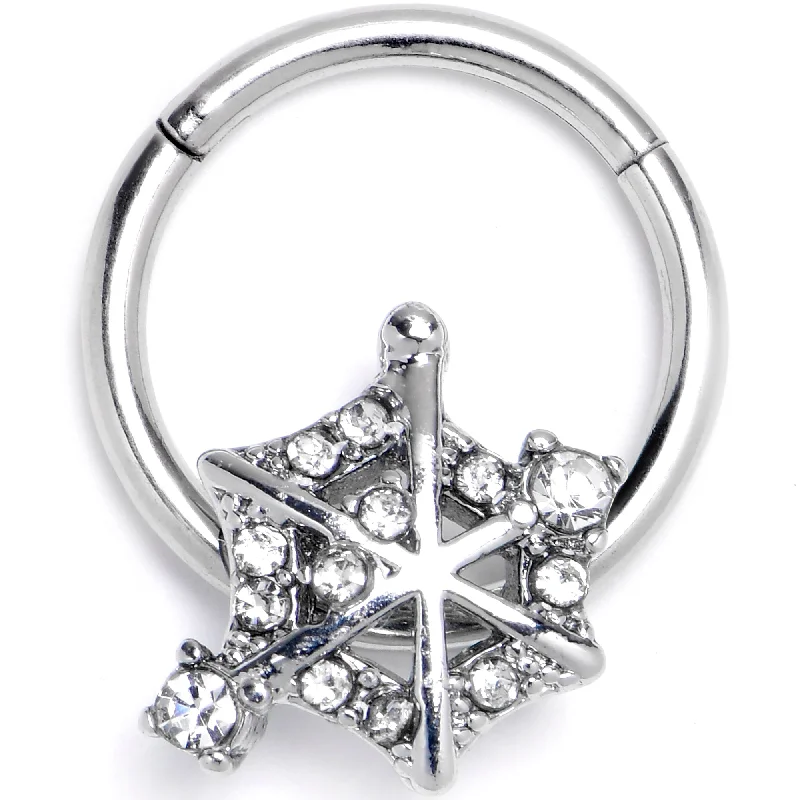 Affordable Nose Rings for Bold Styles -16 Gauge 3/8 Clear Gem Spiderweb Goth Hinged Segment Ring Affordable Nose Rings for Bold Styles -16 Gauge 3/8 Clear Gem Spiderweb Goth Hinged Segment Ring