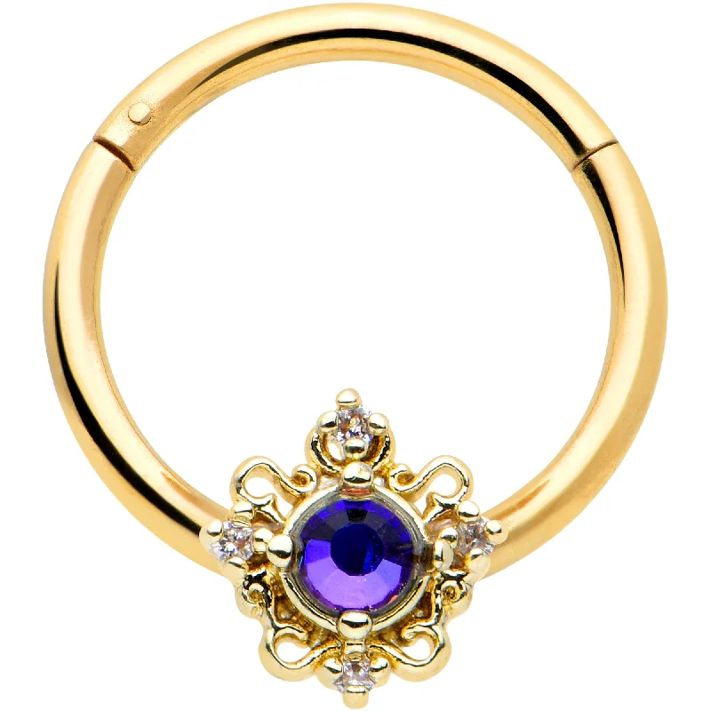 Simple Yet Elegant Nose Rings -16 Gauge 3/8 Purple Tourmaline Gold Tone Filigree Hinged Segment Ring Simple Yet Elegant Nose Rings -16 Gauge 3/8 Purple Tourmaline Gold Tone Filigree Hinged Segment Ring