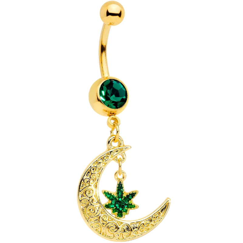 Custom Belly Rings for a Fashionable Look -Green Gem Gold Tone Marijuana Pot Leaf Moon Dangle Belly Ring Custom Belly Rings for a Fashionable Look -Green Gem Gold Tone Marijuana Pot Leaf Moon Dangle Belly Ring