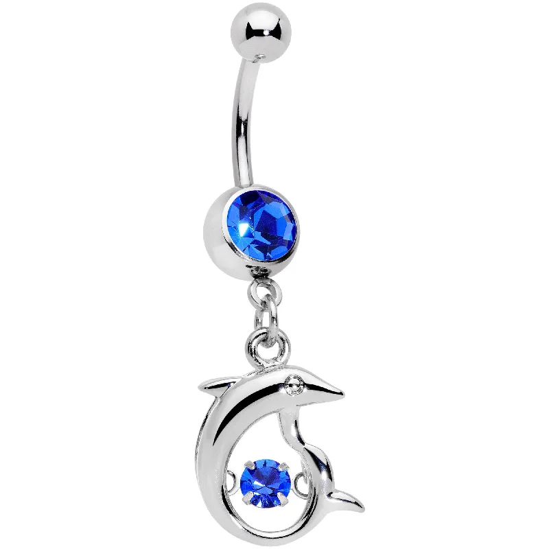Comfortable Belly Rings for Casual Looks -Blue CZ Gem Abstract Dancing Dolphin Dangle Belly Ring Comfortable Belly Rings for Casual Looks -Blue CZ Gem Abstract Dancing Dolphin Dangle Belly Ring